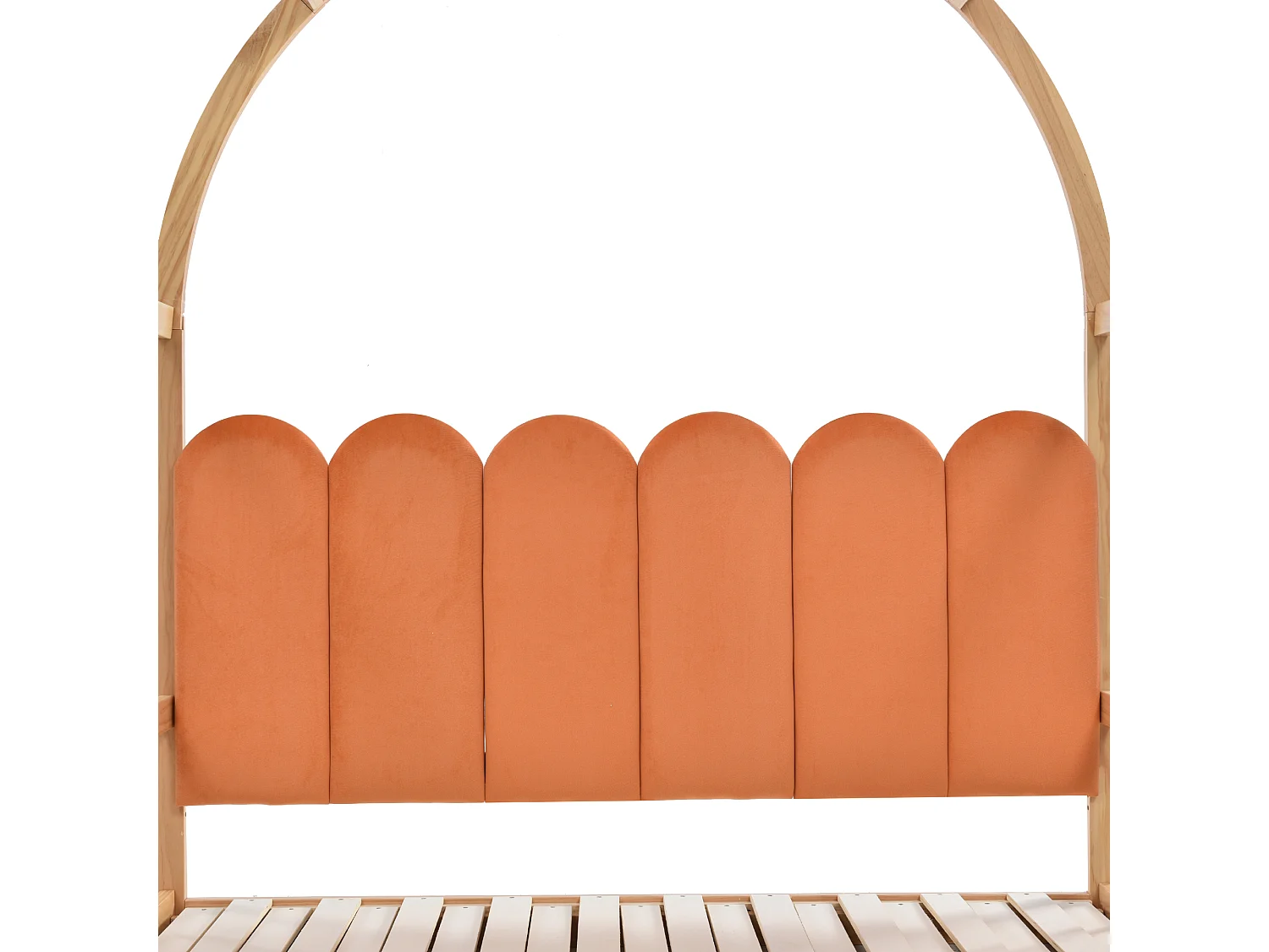 Lit gigogne 140x100/200cm en bois massif - avec tête en velours et sommier à lattes - Orange