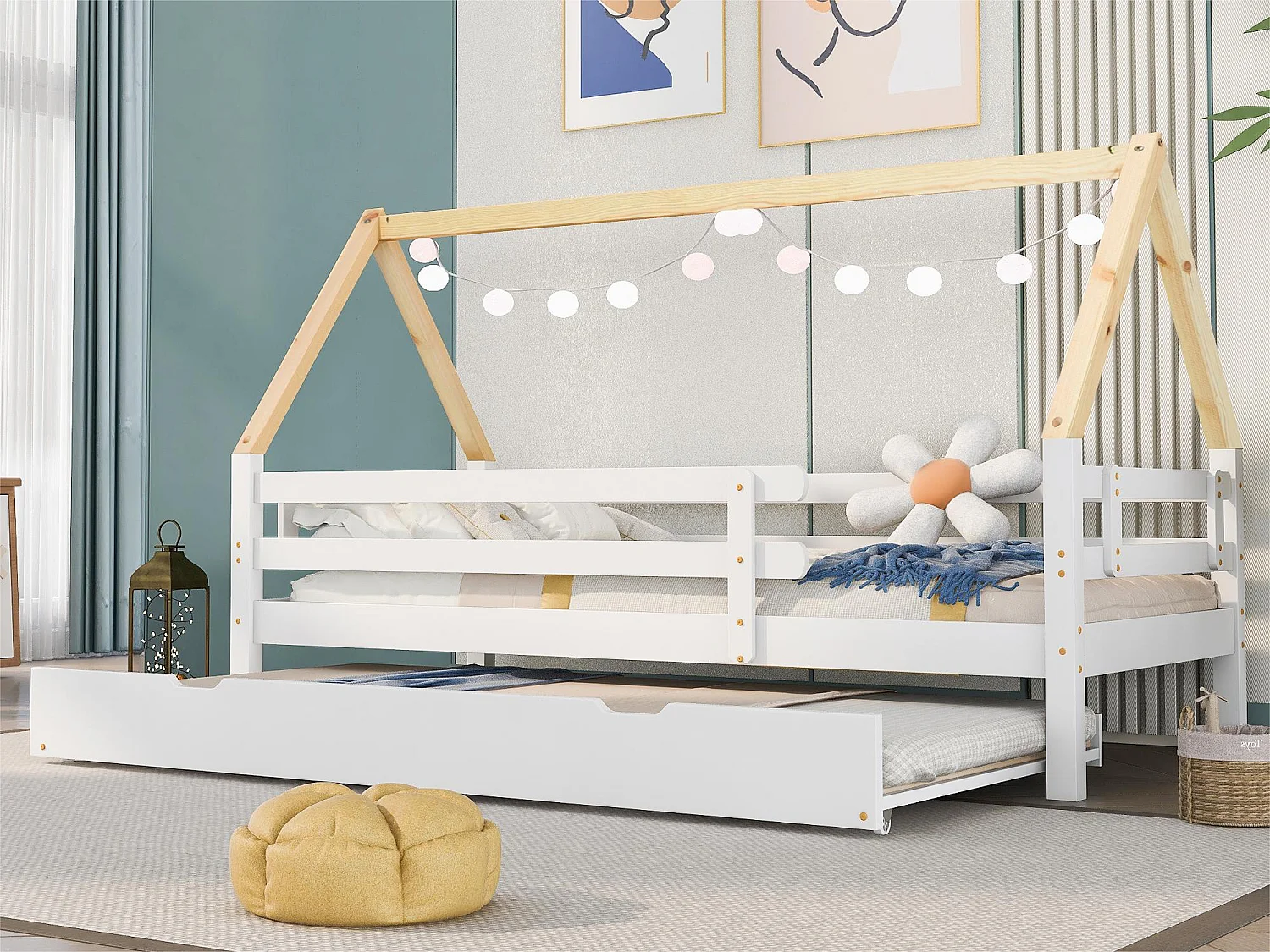 Ausziehbett 90 x 200 cm mit Lattenrost – Hochbett aus Massivholz – Weiß