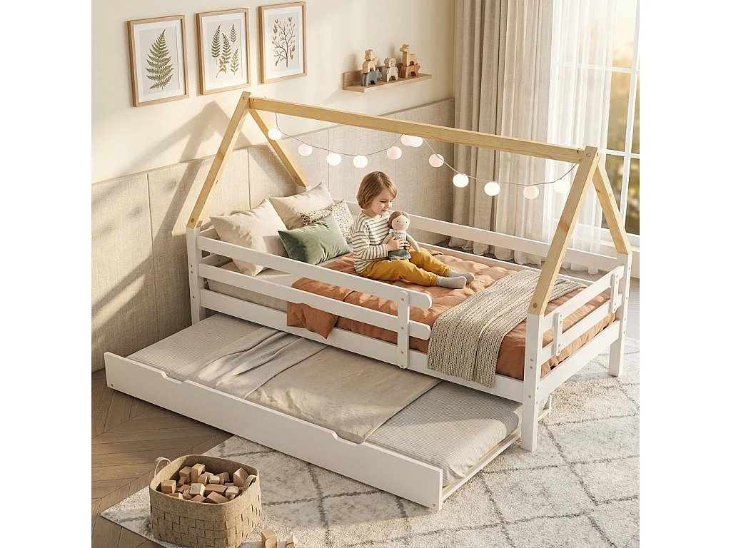 Lit gigogne 90x200cm avec sommier à lattes - lit cabane en bois massif - Blanc