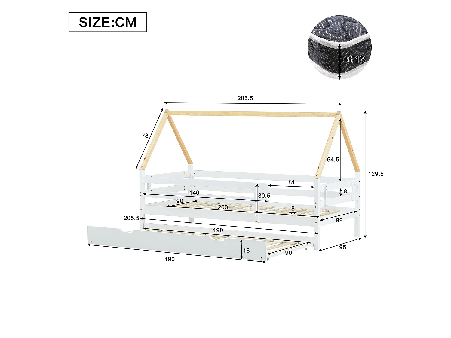 Lit gigogne 90x200cm avec sommier à lattes - lit cabane en bois massif - Blanc