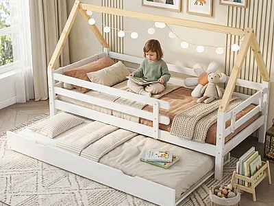 Lit gigogne 90x200cm avec sommier à lattes - lit cabane en bois massif - Blanc