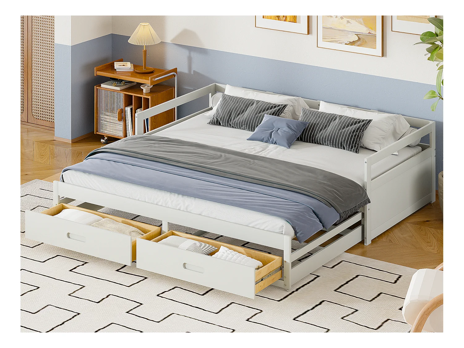 Lit gigogne en bois de pin - avec tiroirs - 90/180x200cm - Blanc