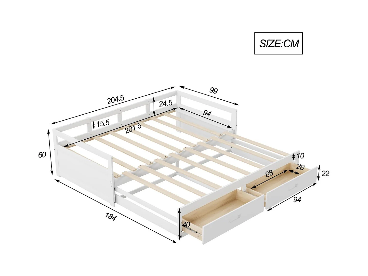 Onderschuifbed van grenenhout - met lades - 90/180x200cm - Wit