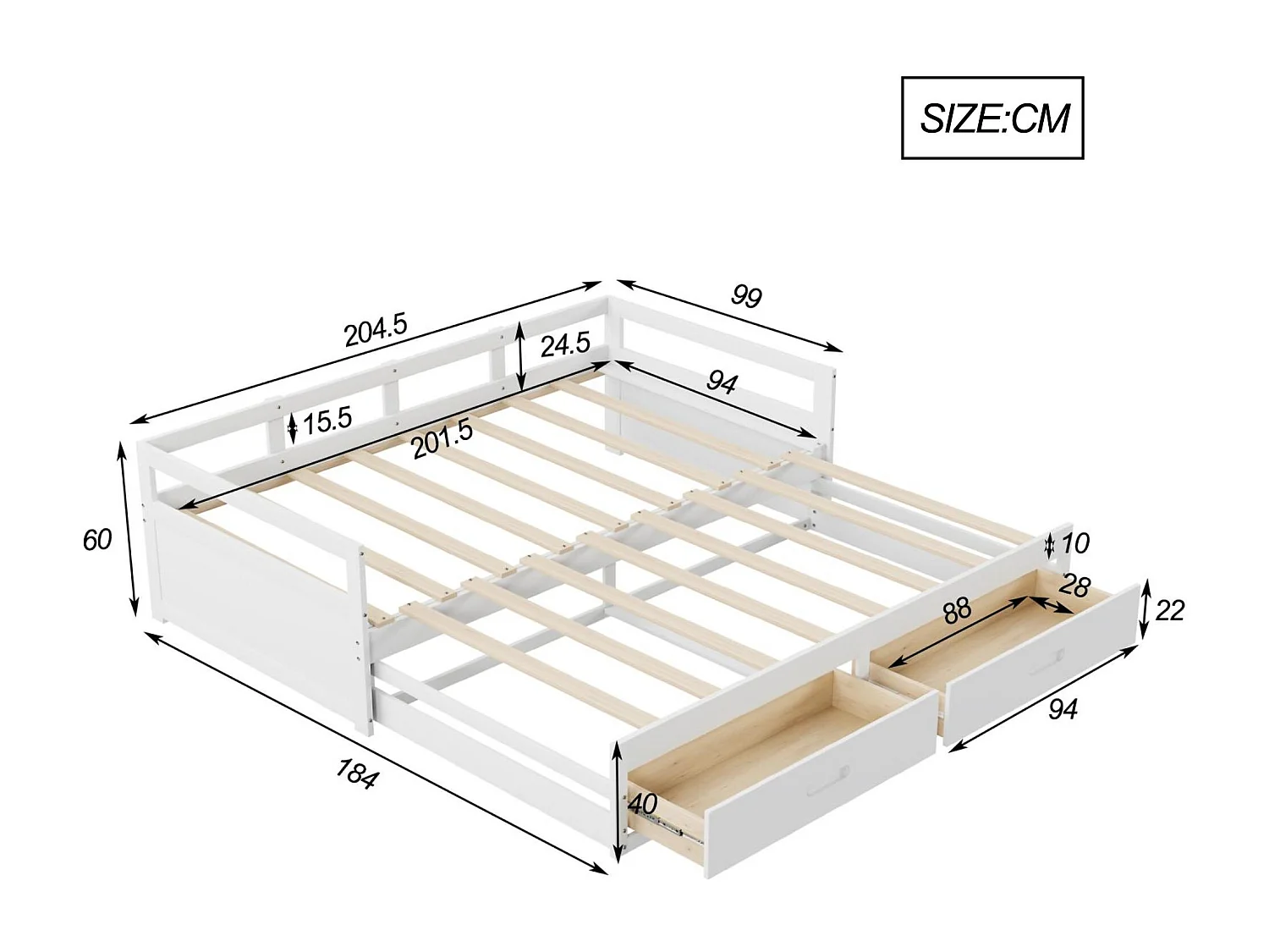 Letto estraibile in legno di pino - con cassetti - 90/180x200 cm - Bianco