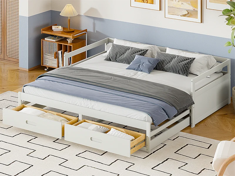 Letto estraibile in legno di pino - con cassetti - 90/180x200 cm - Bianco