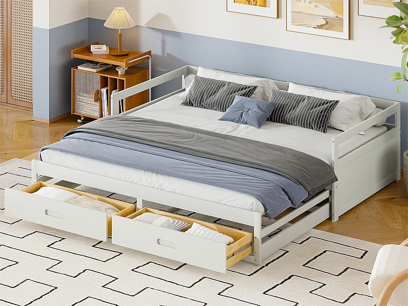 Letto estraibile in legno di pino - con cassetti - 90/180x200 cm - Bianco