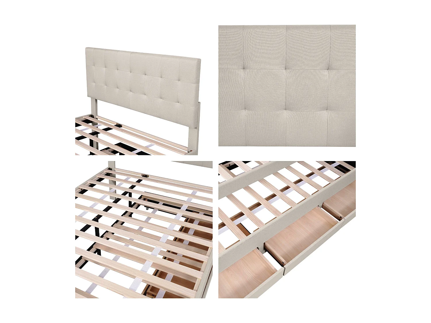 Cama tapizada 140x200cm con cama nido 90x190cm - en tejido de lino - con 3 cajones y somier - Beige