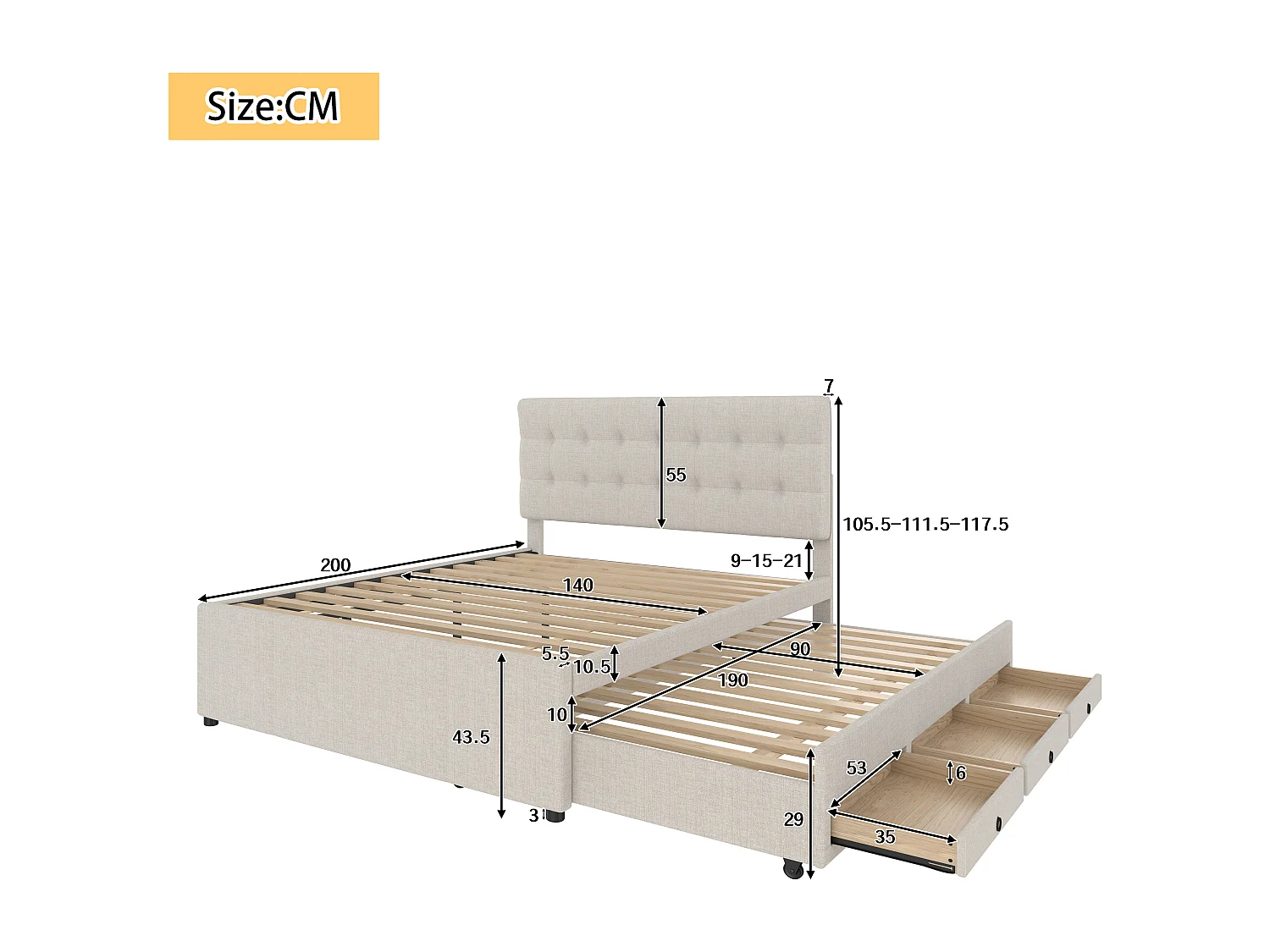 Cama tapizada 140x200cm con cama nido 90x190cm - en tejido de lino - con 3 cajones y somier - Beige