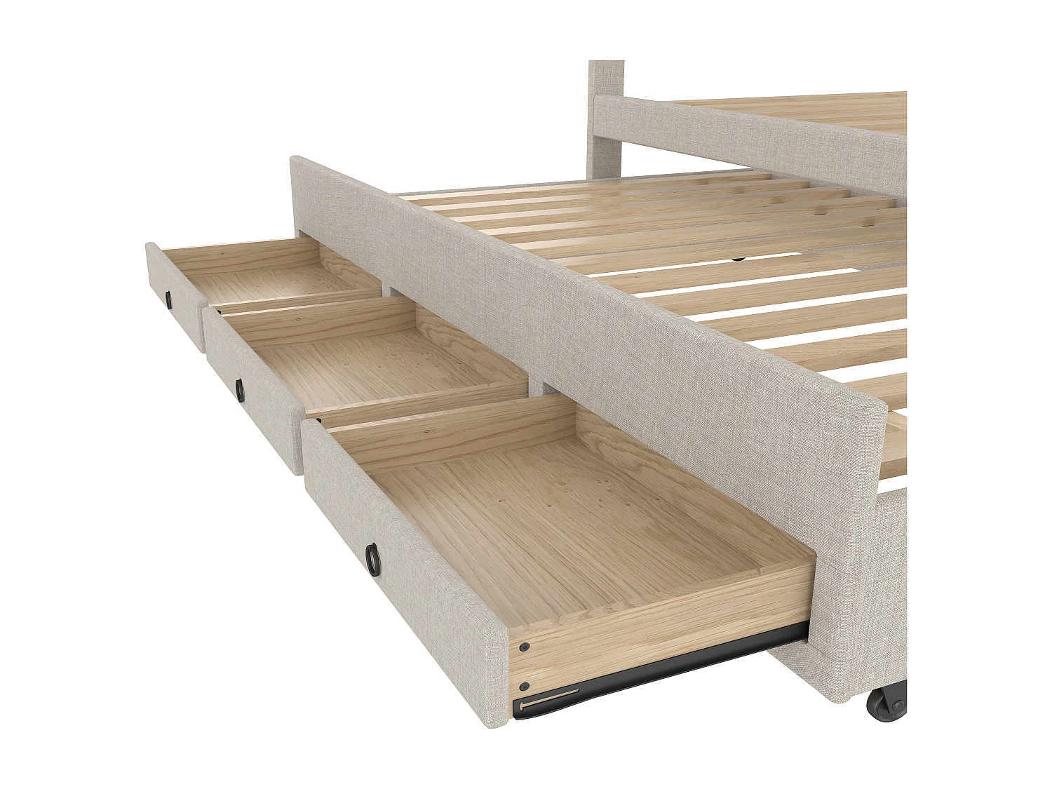 Cama tapizada 140x200cm con cama nido 90x190cm - en tejido de lino - con 3 cajones y somier - Beige