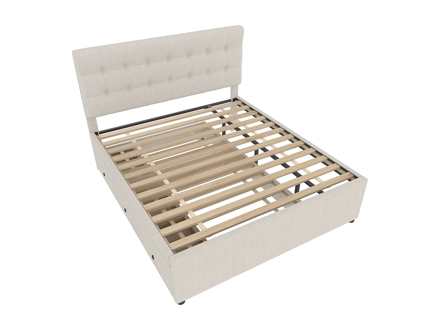 Cama tapizada 140x200cm con cama nido 90x190cm - en tejido de lino - con 3 cajones y somier - Beige