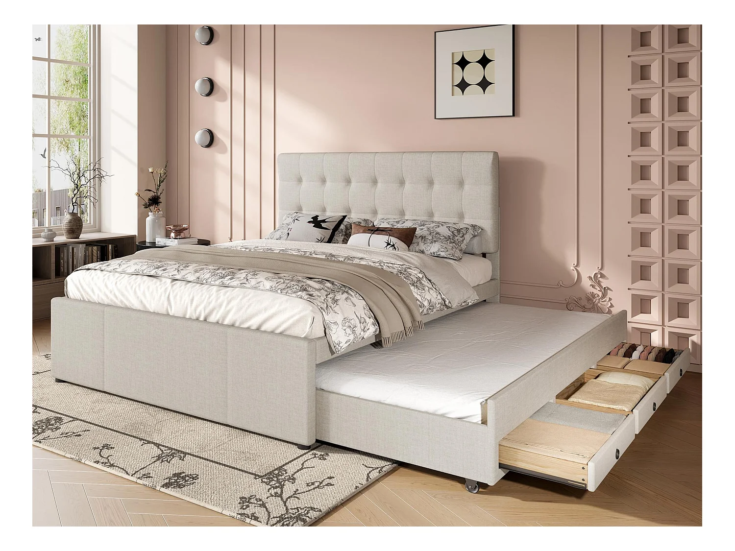 Lit rembbourré 140x200cm avec lit gigogne 90x190cm - en tissu lin - avec 3 tiroirs et sommier à lattes - Beige