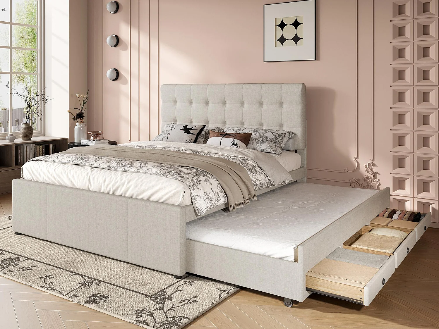 Gestoffeerd bed 140x200cm met onderschuifbed 90x190cm - in linnenstof - met 3 lades en lattenbodem - Beige