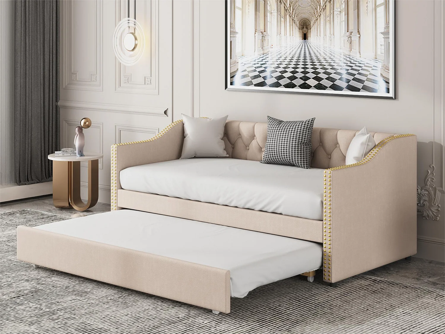 Lit gigogne lit banquette 90x200cm en lin avec sommier à lattes - Beige