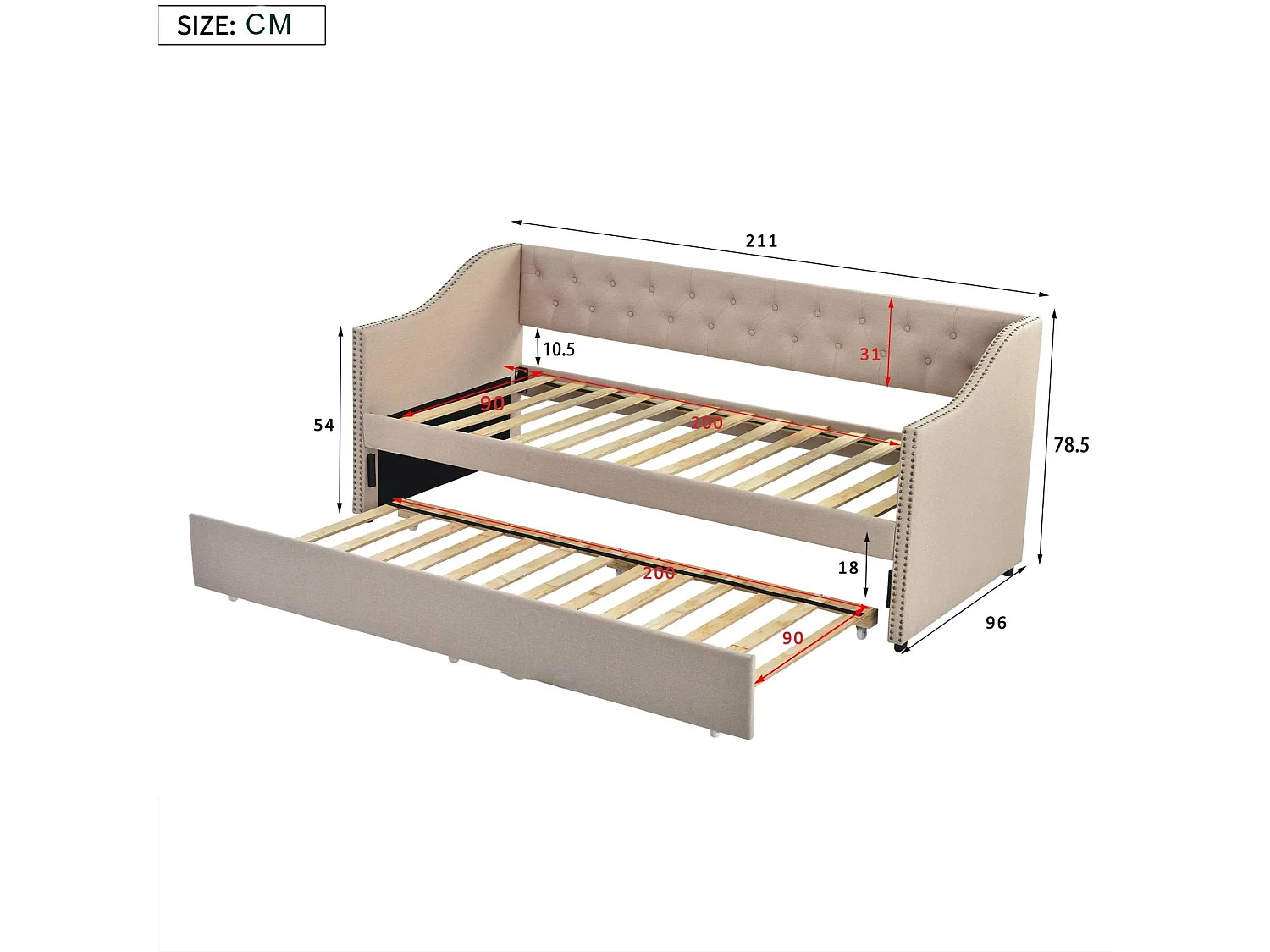 Lit gigogne lit banquette 90x200cm en lin avec sommier à lattes - Beige
