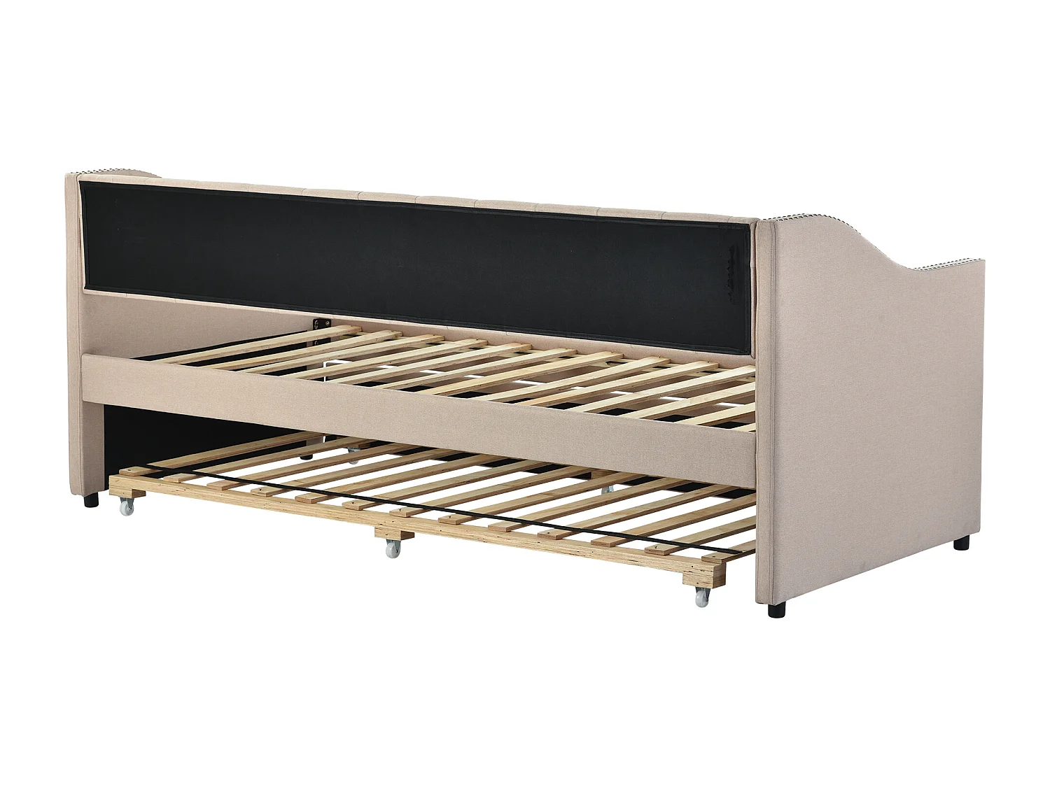Lit gigogne lit banquette 90x200cm en lin avec sommier à lattes - Beige