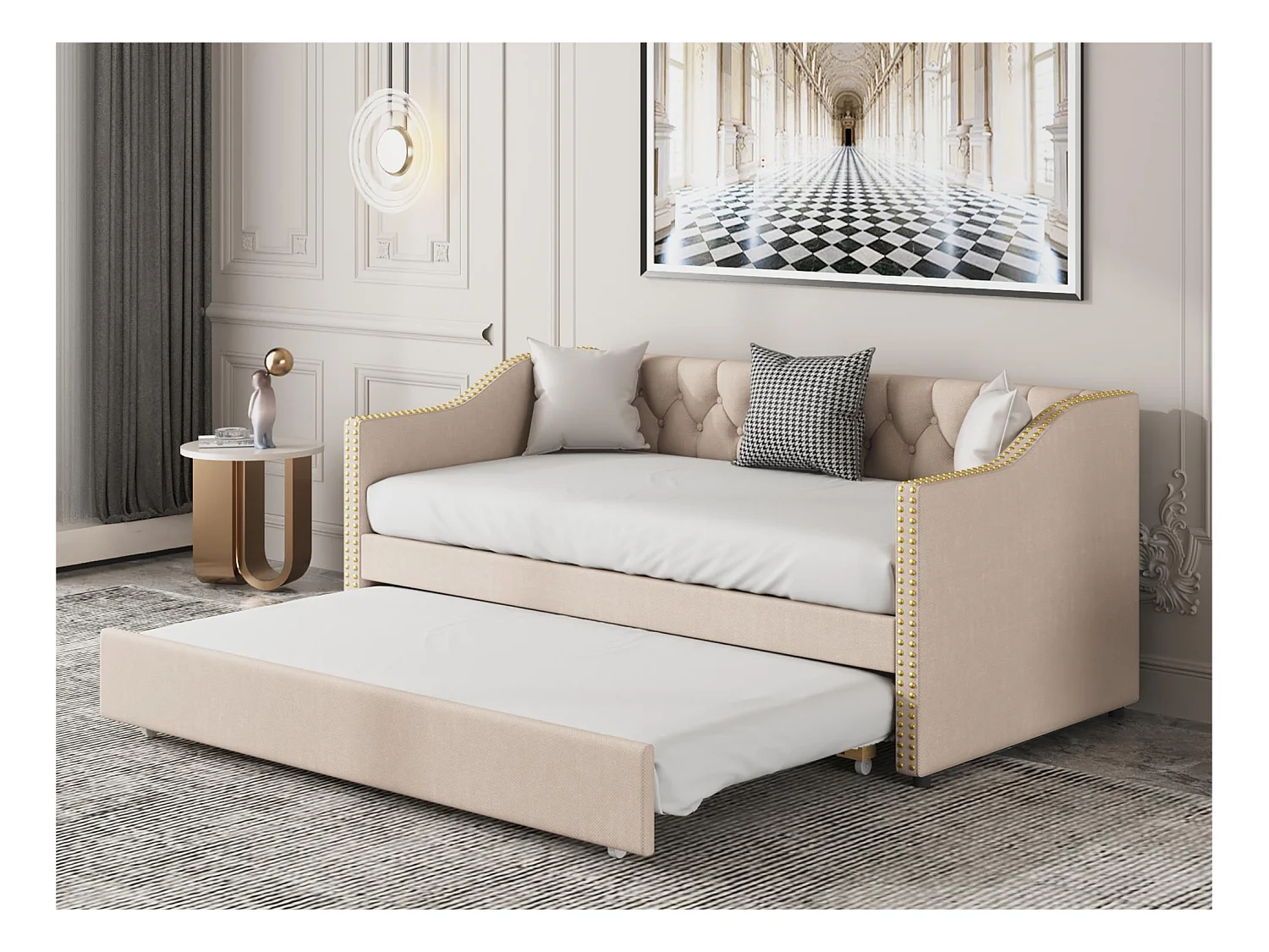 Lit gigogne lit banquette 90x200cm en lin avec sommier à lattes - Beige