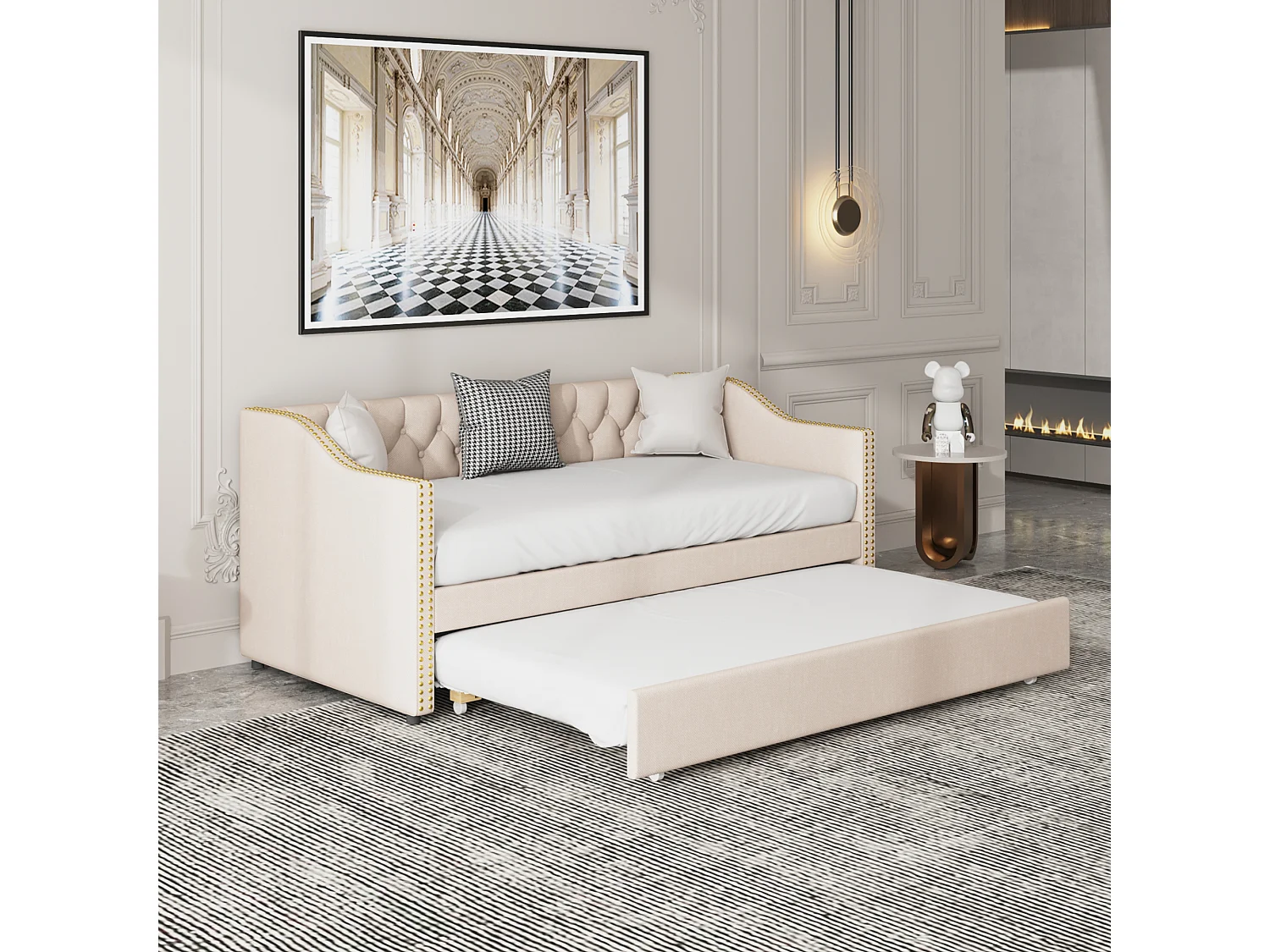 Lit gigogne lit banquette 90x200cm en lin avec sommier à lattes - Beige