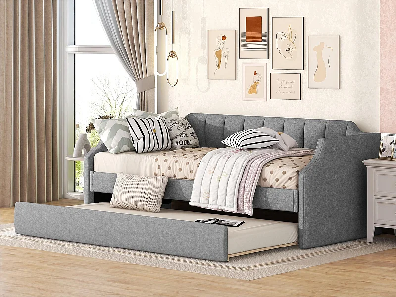 Ausziehbett 90x190/200cm aus Leinenstoff – mit Lattenrost – Grau