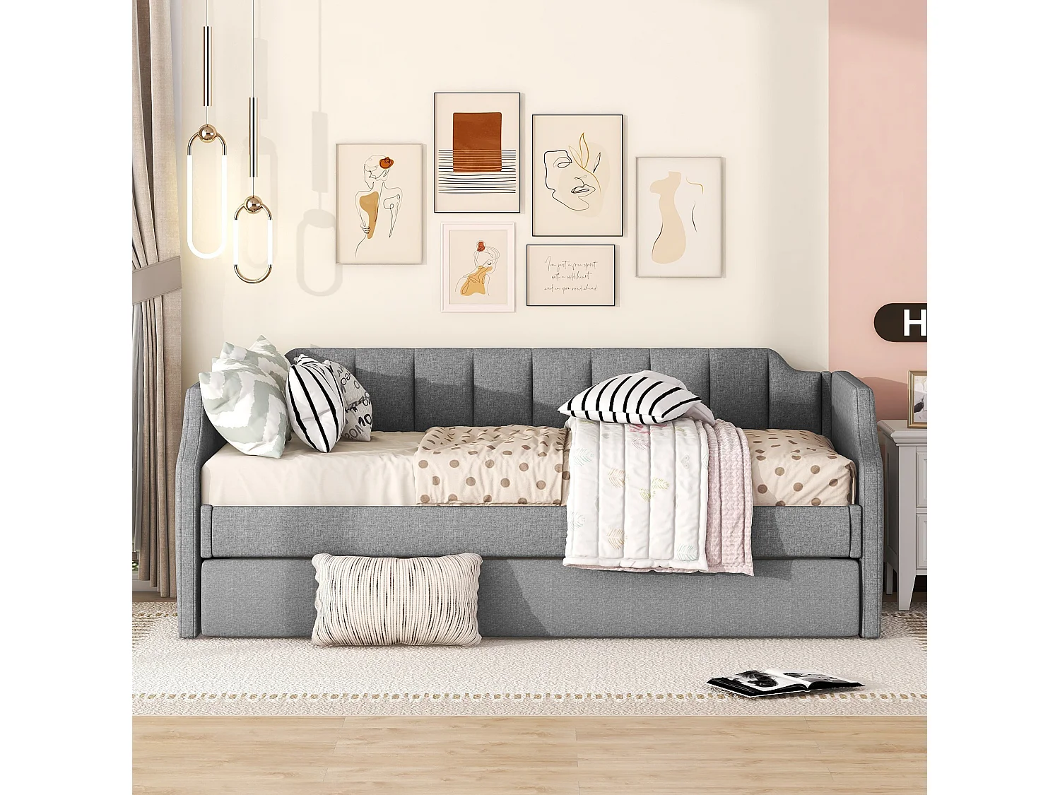 Lit gigogne 90x190/200cm en tissu de lin - avec sommier à lattes - Gris