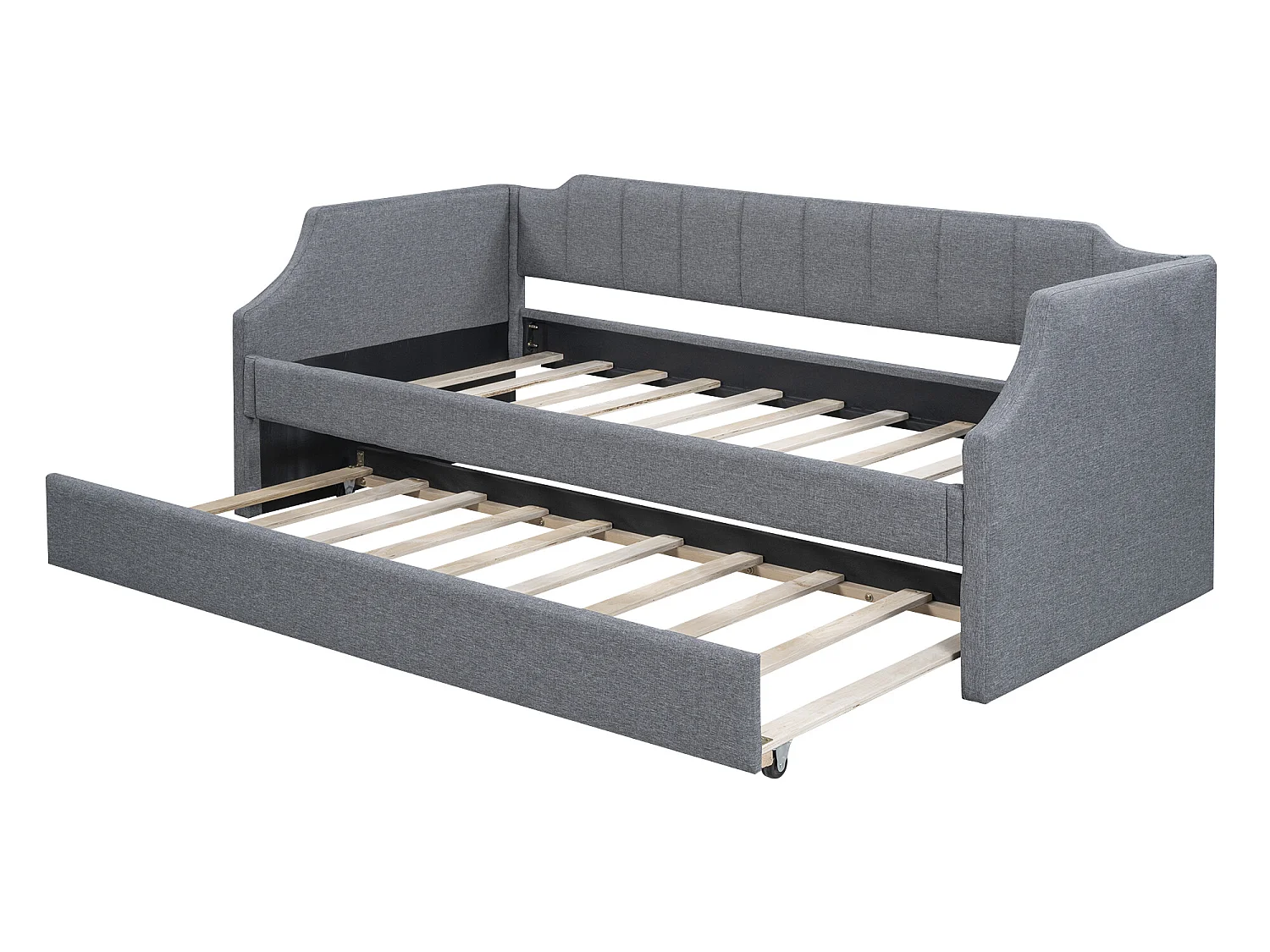 Lit gigogne 90x190/200cm en tissu de lin - avec sommier à lattes - Gris