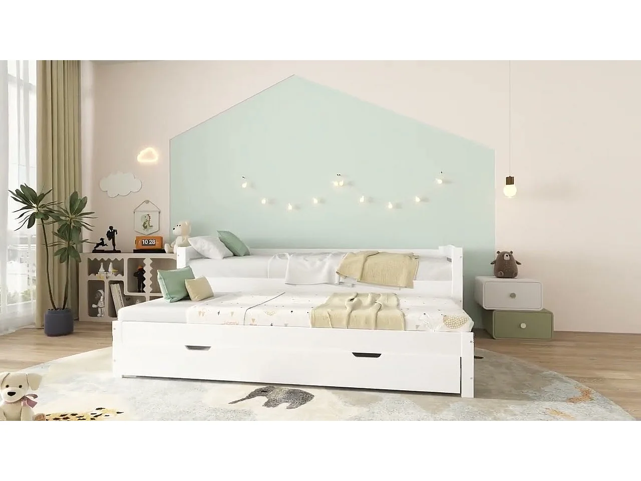 Lit gigogne avec 2 tiroirs - 200x90cm & 190x90cm - bois massif + MDF - blanc