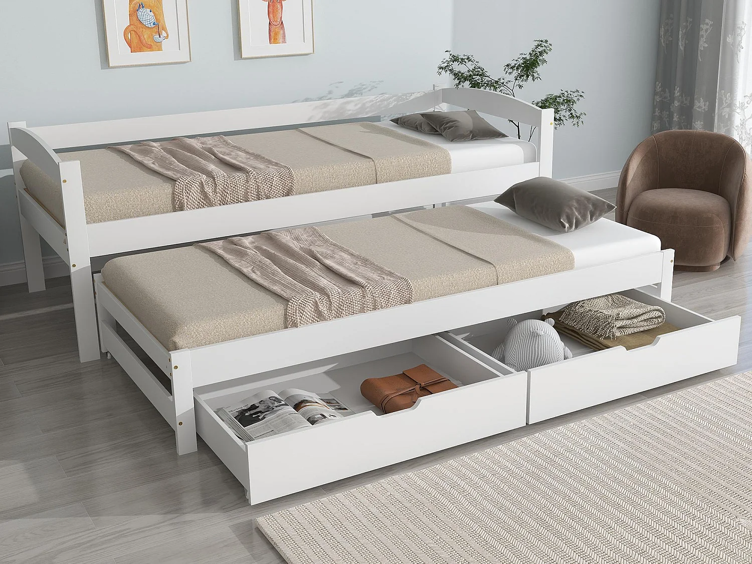 Ausziehbett mit 2 Schubladen – 200 x 90 cm und 190 x 90 cm – Massivholz + MDF– Weiß