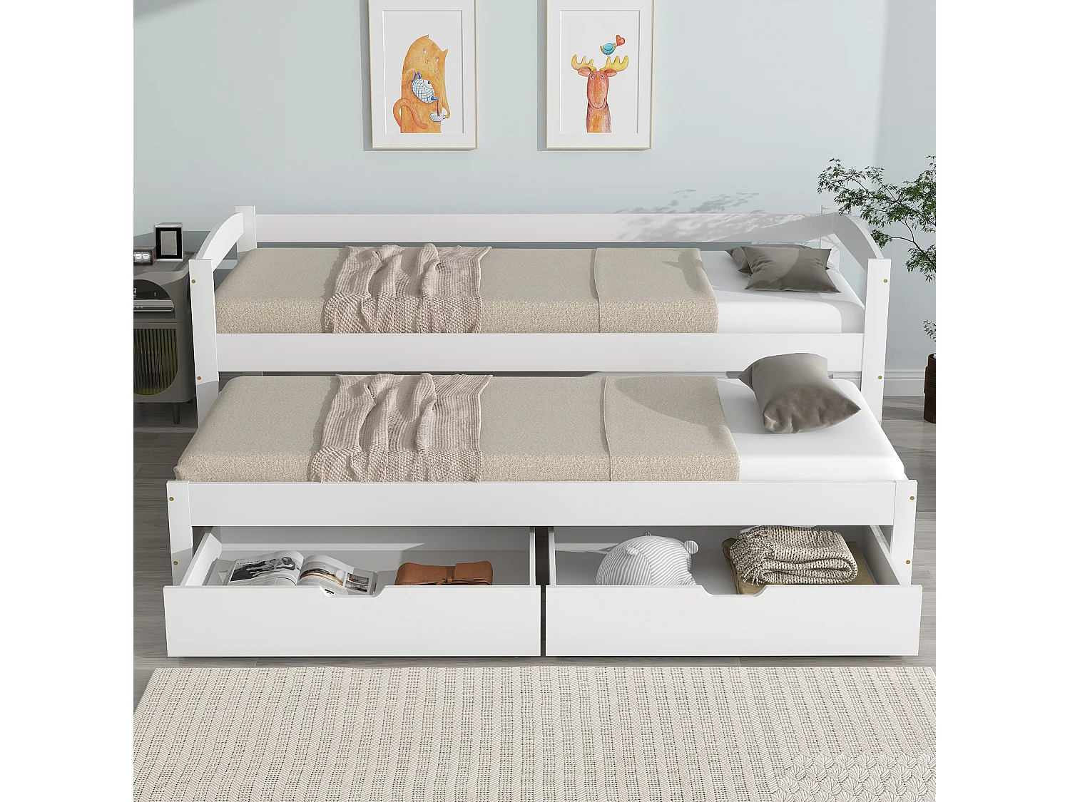 Ausziehbett mit 2 Schubladen – 200 x 90 cm und 190 x 90 cm – Massivholz + MDF– Weiß