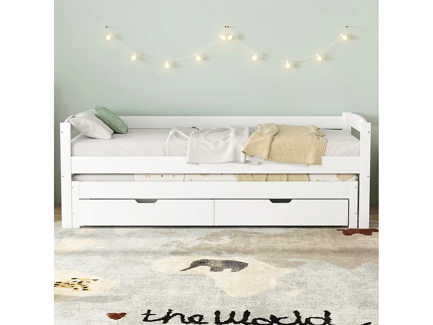 Ausziehbett mit 2 Schubladen – 200 x 90 cm und 190 x 90 cm – Massivholz + MDF– Weiß