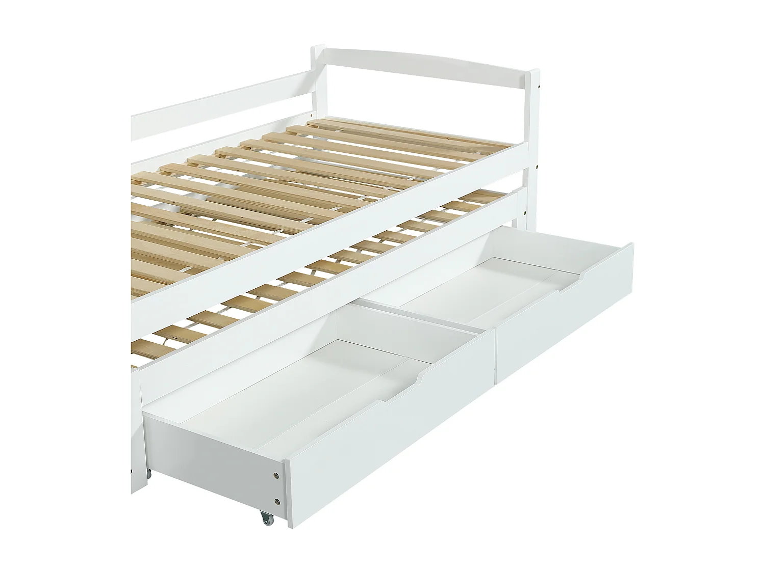 Ausziehbett mit 2 Schubladen – 200 x 90 cm und 190 x 90 cm – Massivholz + MDF– Weiß