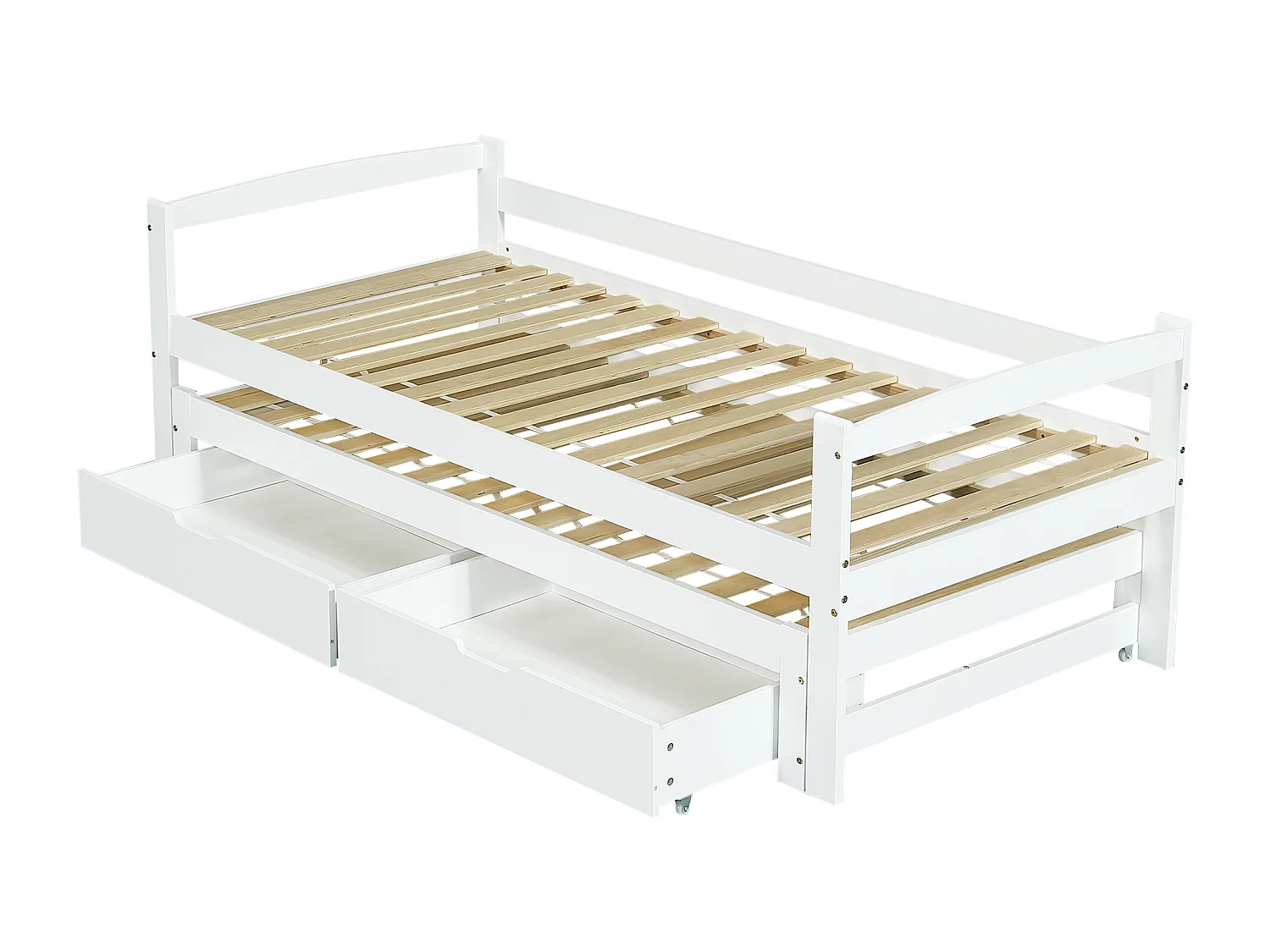 Ausziehbett mit 2 Schubladen – 200 x 90 cm und 190 x 90 cm – Massivholz + MDF– Weiß