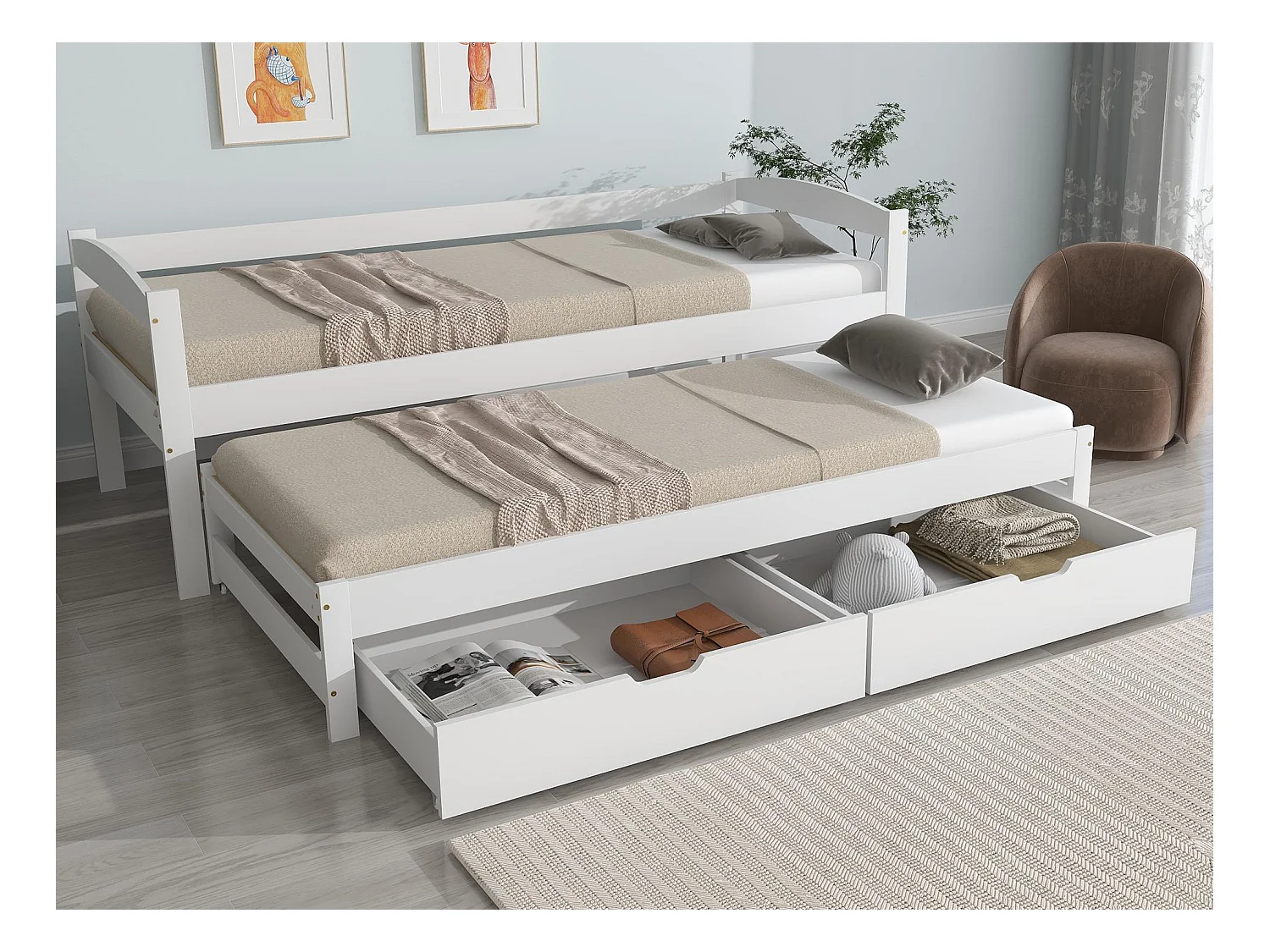 Lit gigogne avec 2 tiroirs - 200x90cm & 190x90cm - bois massif + MDF - blanc