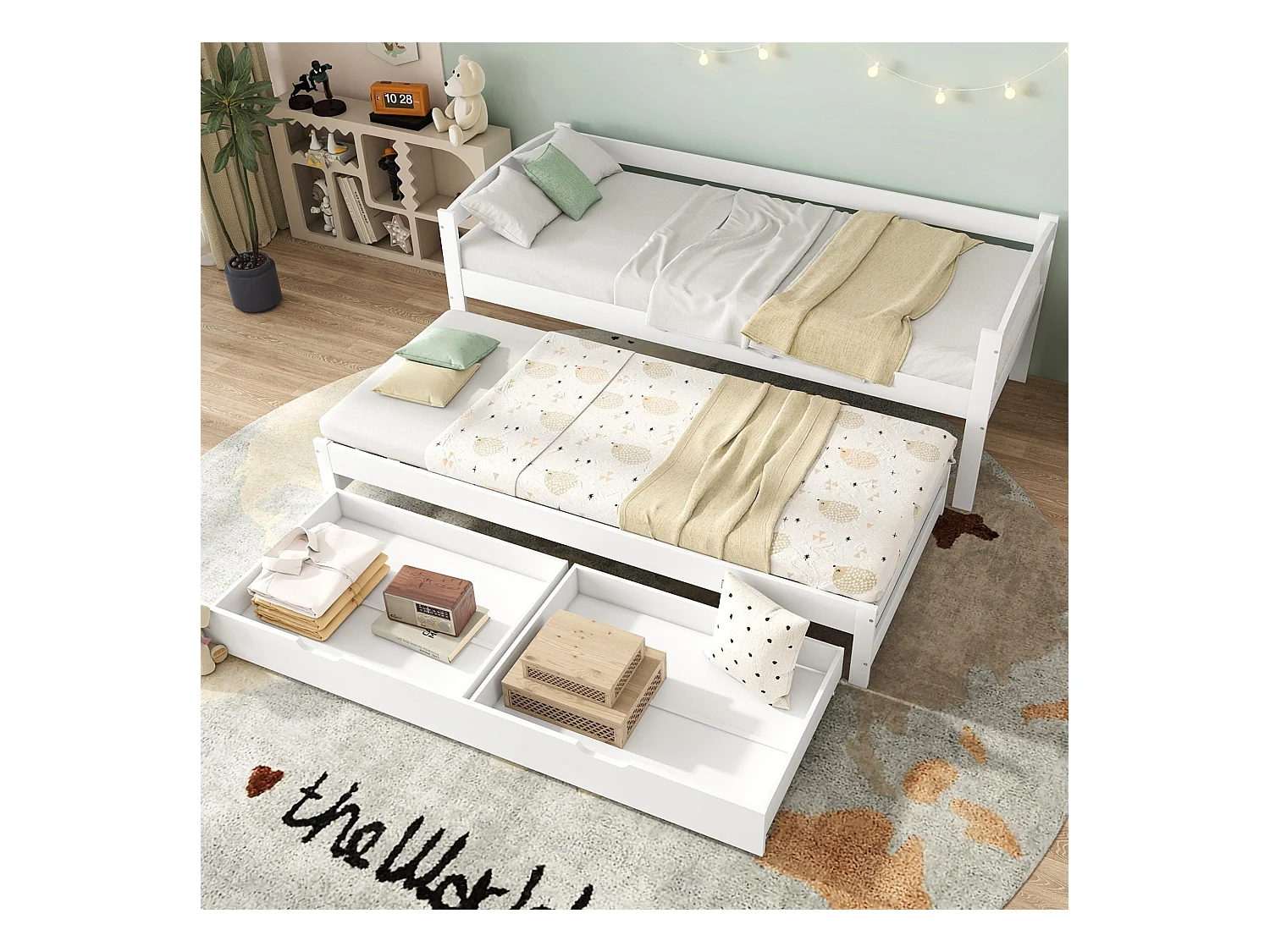 Lit gigogne avec 2 tiroirs - 200x90cm & 190x90cm - bois massif + MDF - blanc