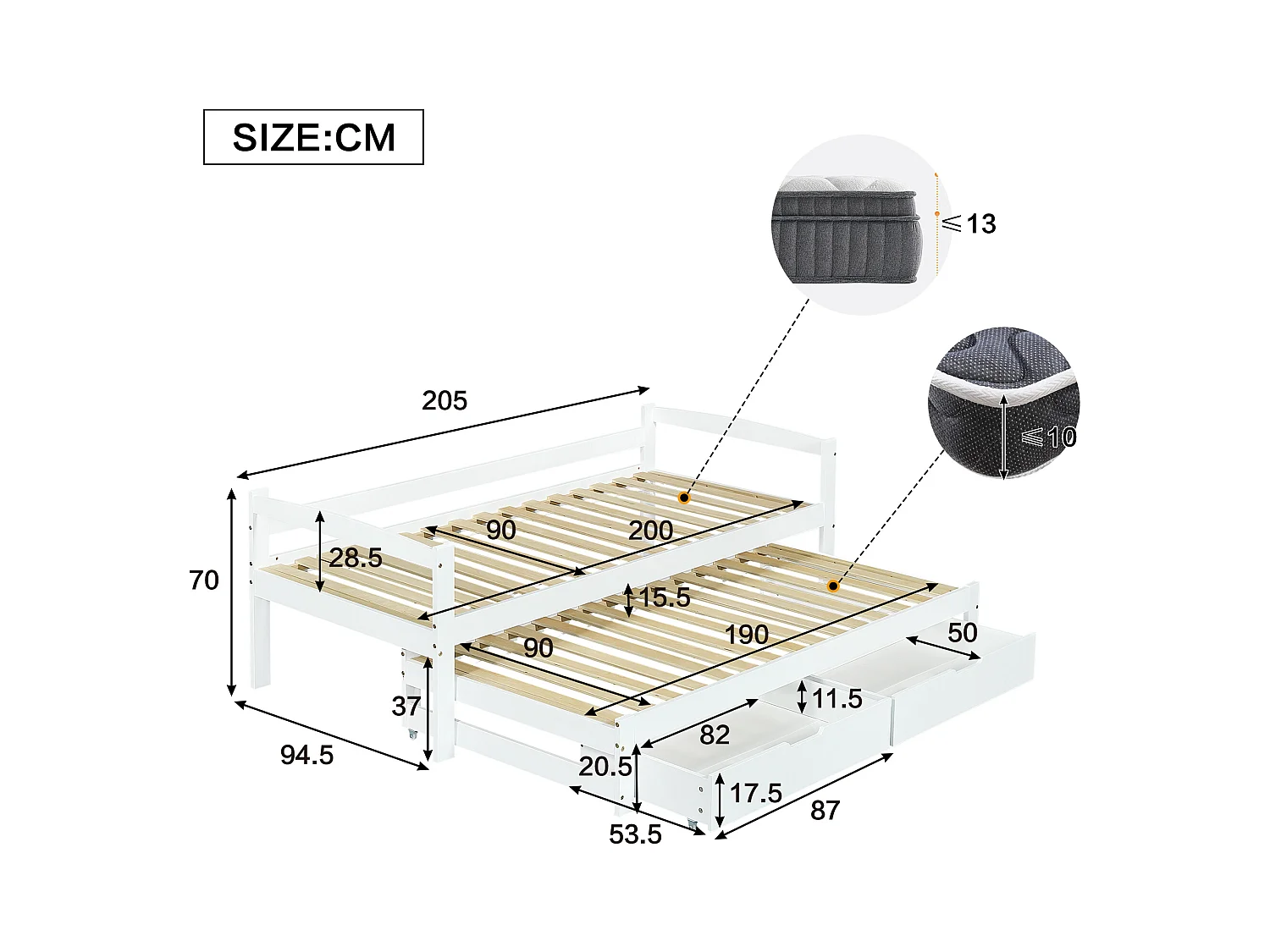Lit gigogne avec 2 tiroirs - 200x90cm & 190x90cm - bois massif + MDF - blanc