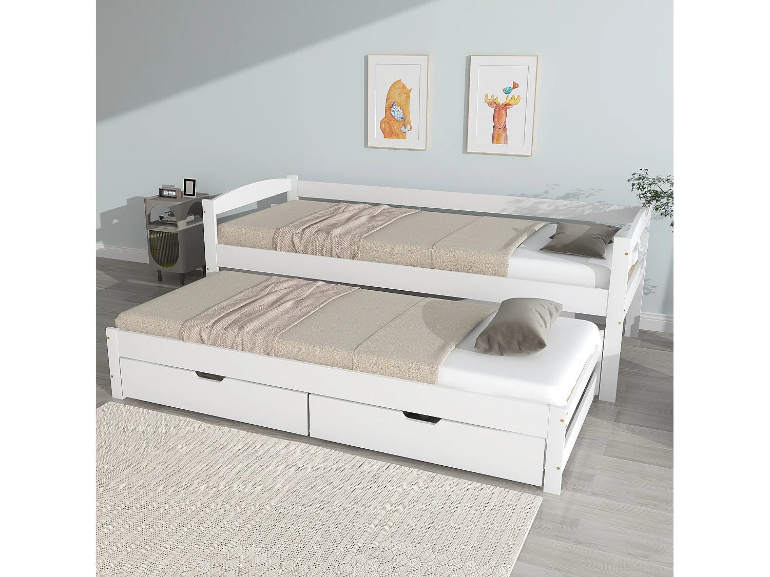 Lit gigogne avec 2 tiroirs - 200x90cm & 190x90cm - bois massif + MDF - blanc