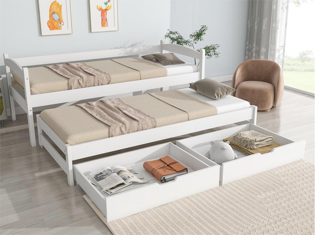 Onderschuifbed met 2 lades - 200x90cm & 190x90cm - massief hout - wit