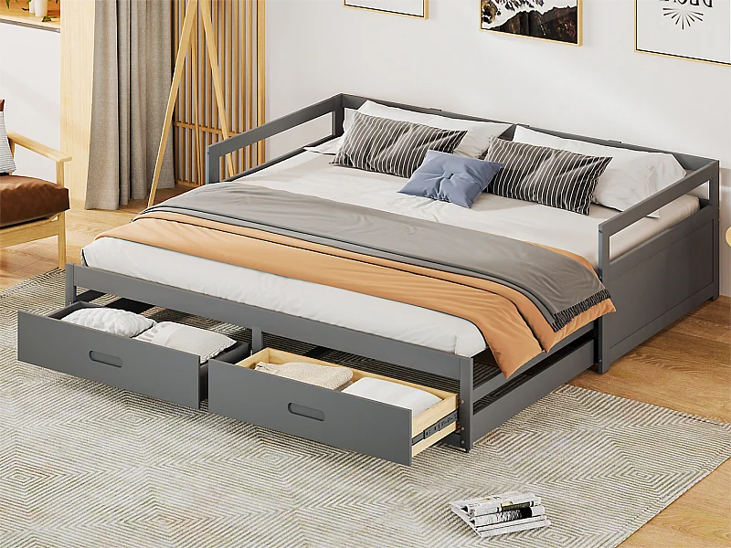 Ausziehbett aus Kiefernholz – mit Schubladen – 90/180 x 200 cm – Grau