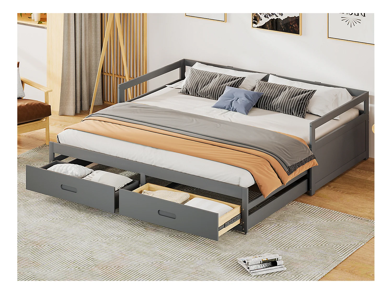 Onderschuifbed van grenenhout - met lades - 90/180x200cm - Grijs