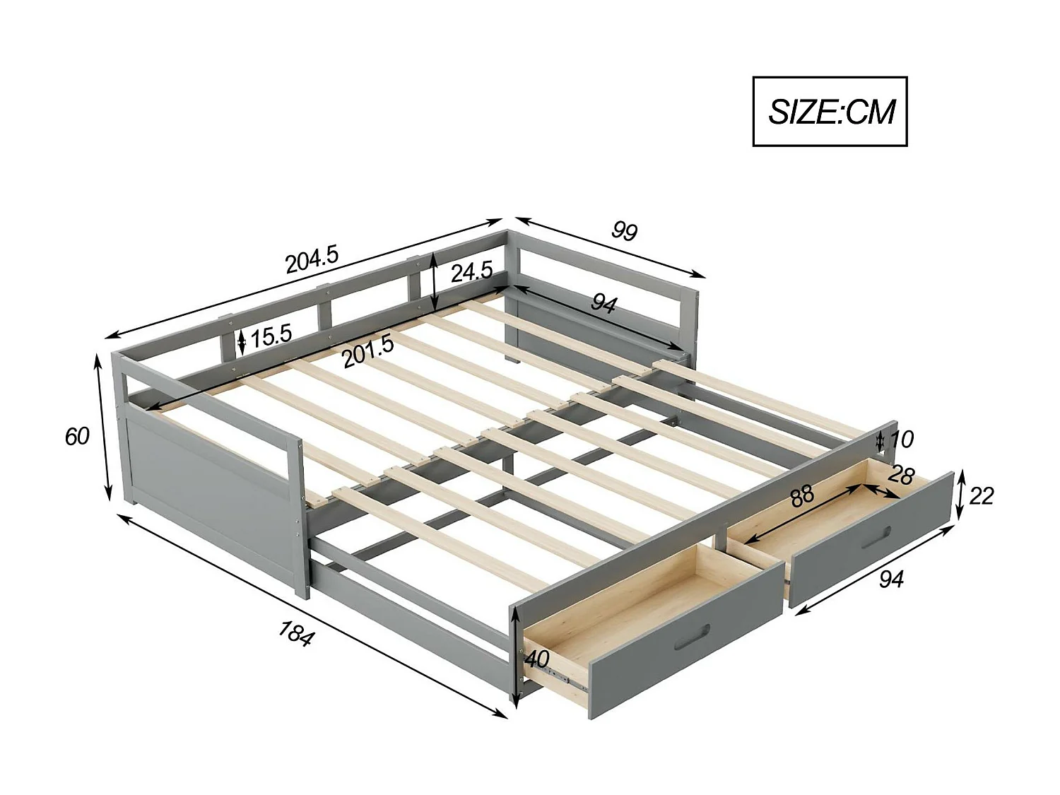 Lit gigogne en bois de pin - avec tiroirs - 90/180x200cm - Gris