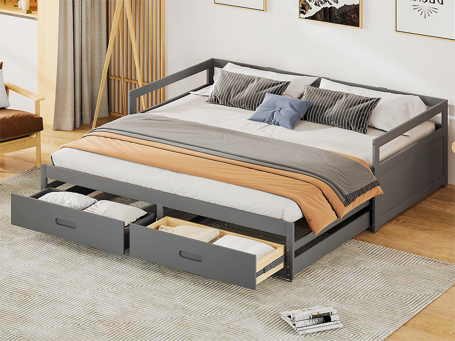 Ausziehbett aus Kiefernholz – mit Schubladen – 90/180 x 200 cm – Grau