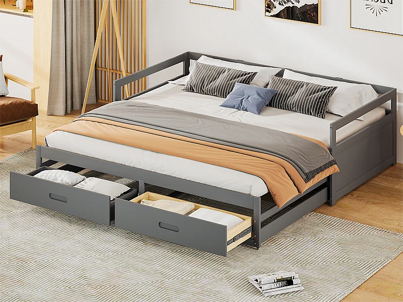 Ausziehbett aus Kiefernholz – mit Schubladen – 90/180 x 200 cm – Grau