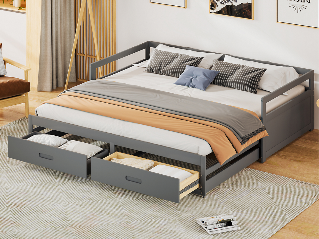 Onderschuifbed van grenenhout - met lades - 90/180x200cm - Grijs