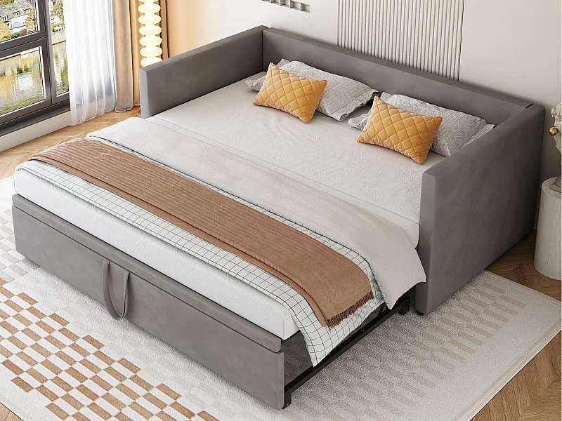 Fluwelen onderschuifbed met lattenbodem - 90/180x200cm - Grijs