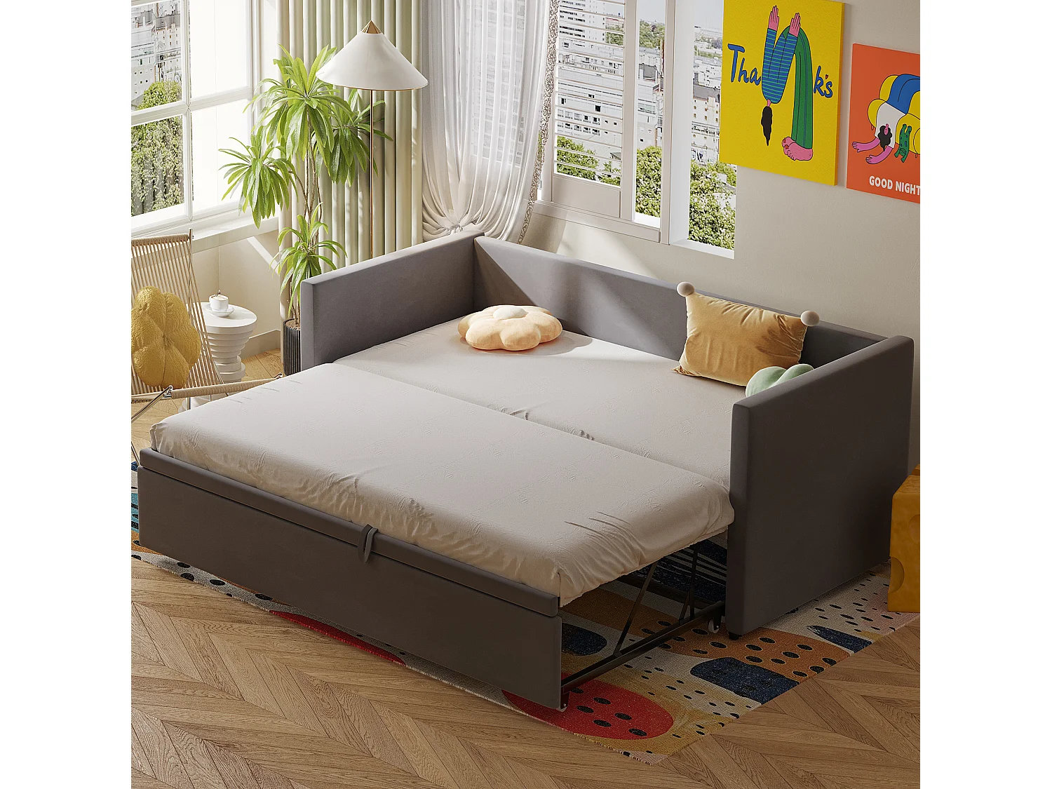 Fluwelen onderschuifbed met lattenbodem - 90/180x200cm - Grijs