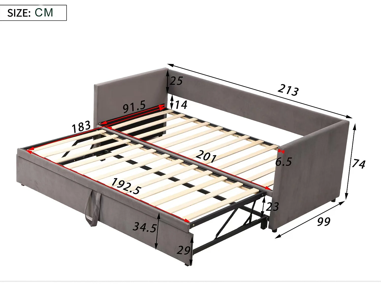 Fluwelen onderschuifbed met lattenbodem - 90/180x200cm - Grijs