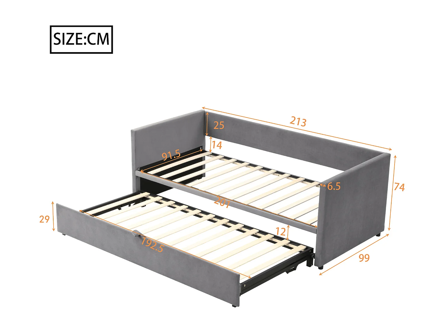 Fluwelen onderschuifbed met lattenbodem - 90/180x200cm - Grijs