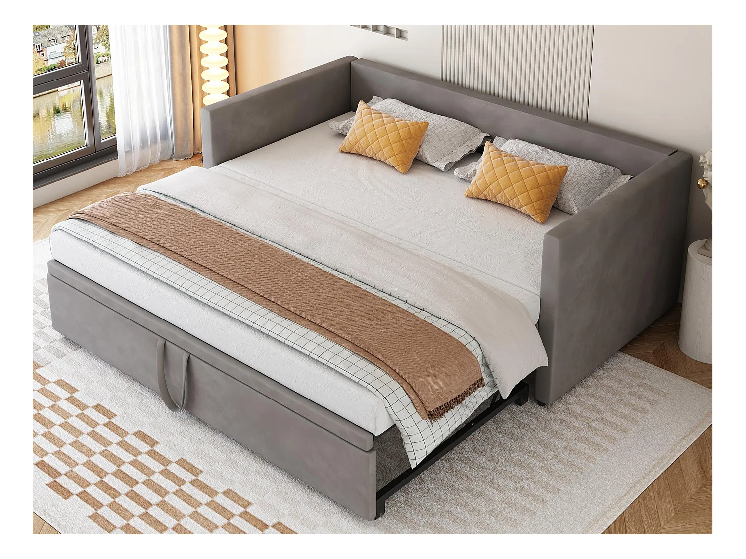 Lit gigogne en velours avec sommier à lattes - 90/180x200cm - Gris