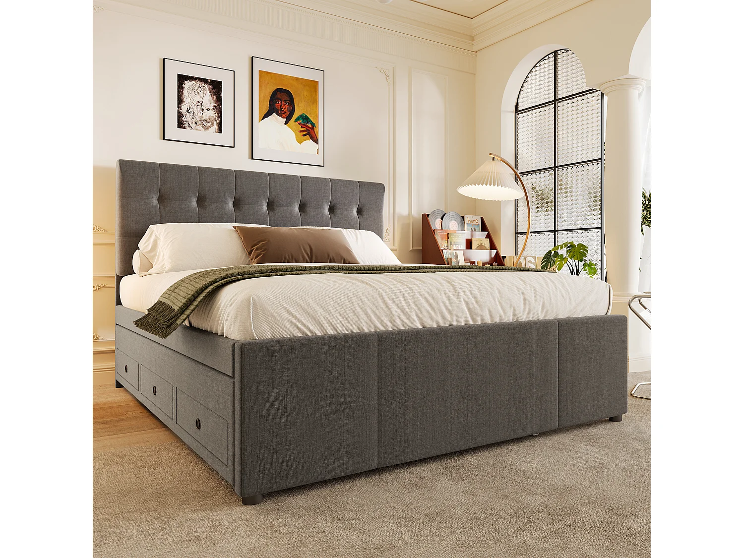 Cama tapizada 140x200cm con cama nido 90x190cm - en tejido de lino - con 3 cajones y somier - Gris