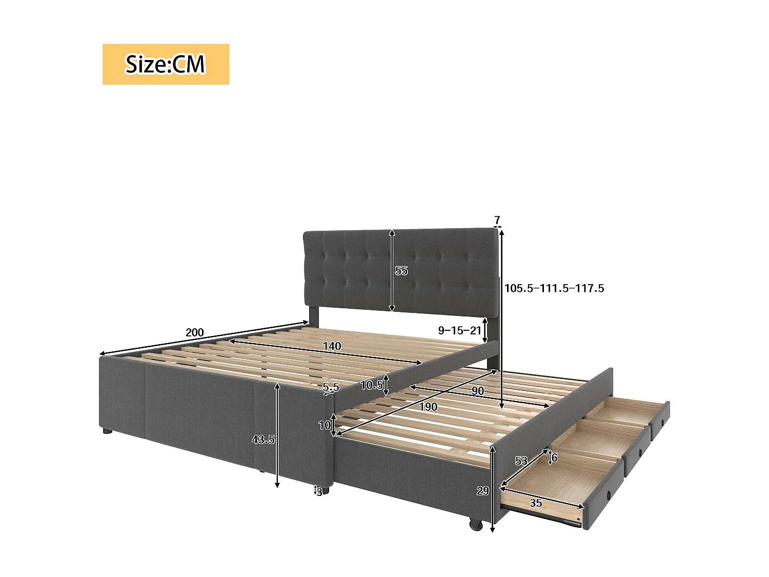 Cama tapizada 140x200cm con cama nido 90x190cm - en tejido de lino - con 3 cajones y somier - Gris