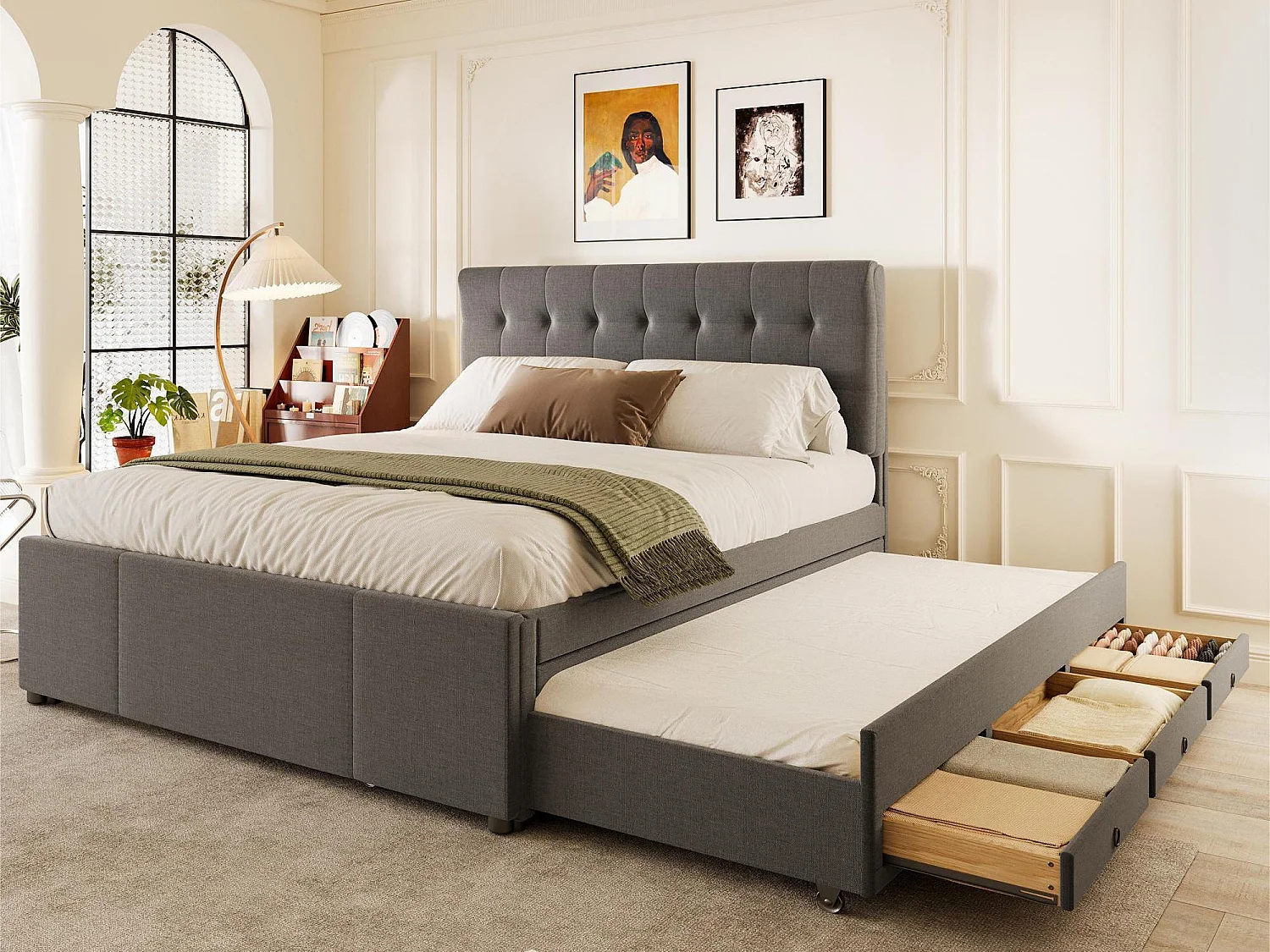 Polsterbett 140 x 200 cm mit Ausziehbett 90 x 190 cm – aus Leinenstoff – mit 3 Schubladen und Lattenrost – Grau