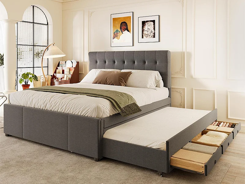 Polsterbett 140 x 200 cm mit Ausziehbett 90 x 190 cm – aus Leinenstoff – mit 3 Schubladen und Lattenrost – Grau